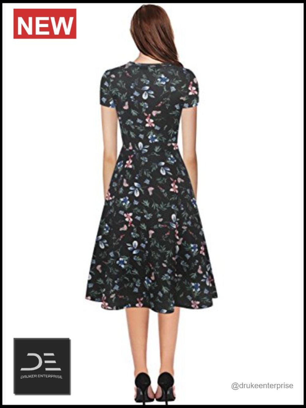 Vintage Floral A-Line Swing Dress with Pockets Knee Length Short Sleeve - Picture 2 of 7